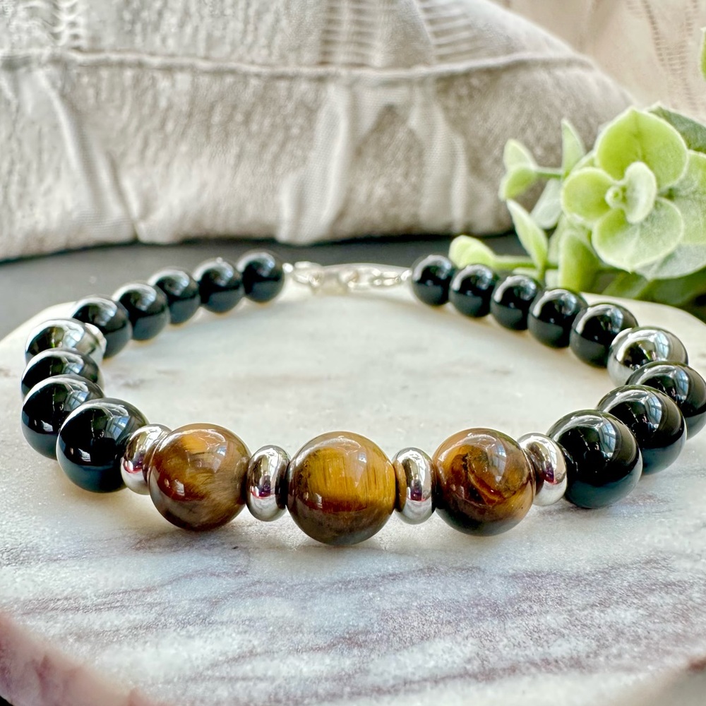 Mens Brown Tigers Eye Bracelet Black Tourmaline Hematite Healing crystal